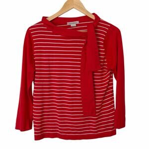 JOHN SMEDLEY Striped 100% Sea Island Cotton Tie-Neck Detail Top Red White,Medium